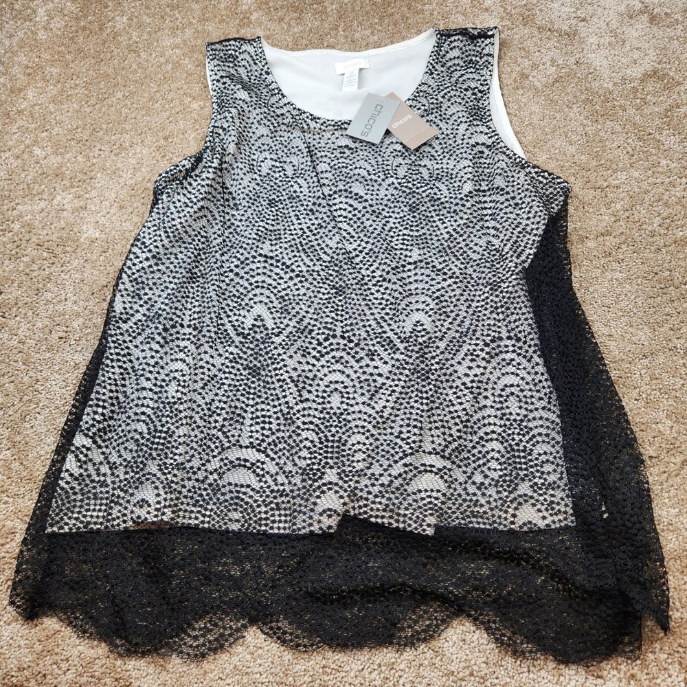 Chico's Lace Overlay Layla Tank KN Black White‎ Sleeveless Top Size 2 NEW